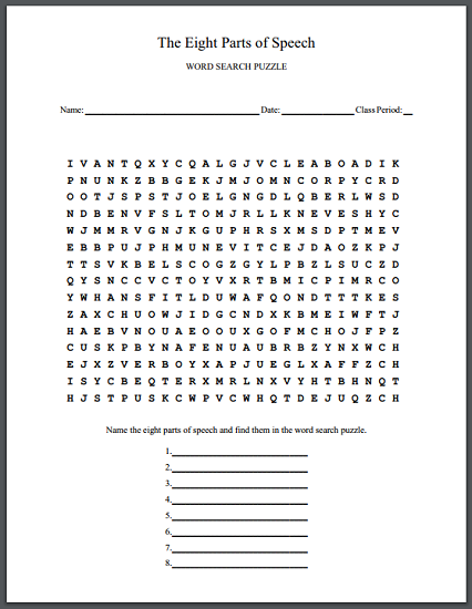Eight Parts Of Speech Word Search Puzzle Free PDF Download