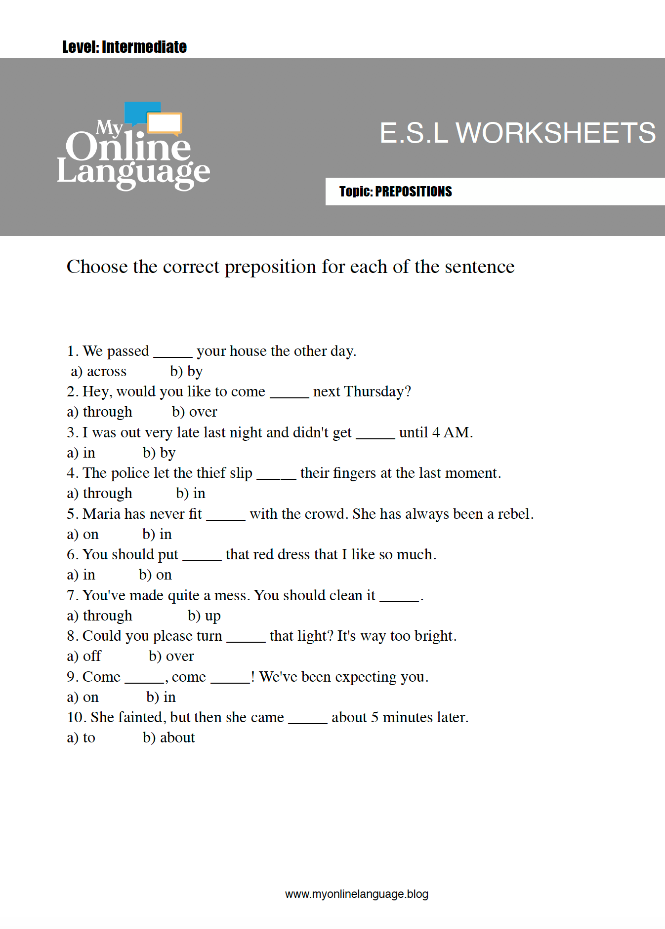 Ell Preposition Worksheets Preposition Worksheets