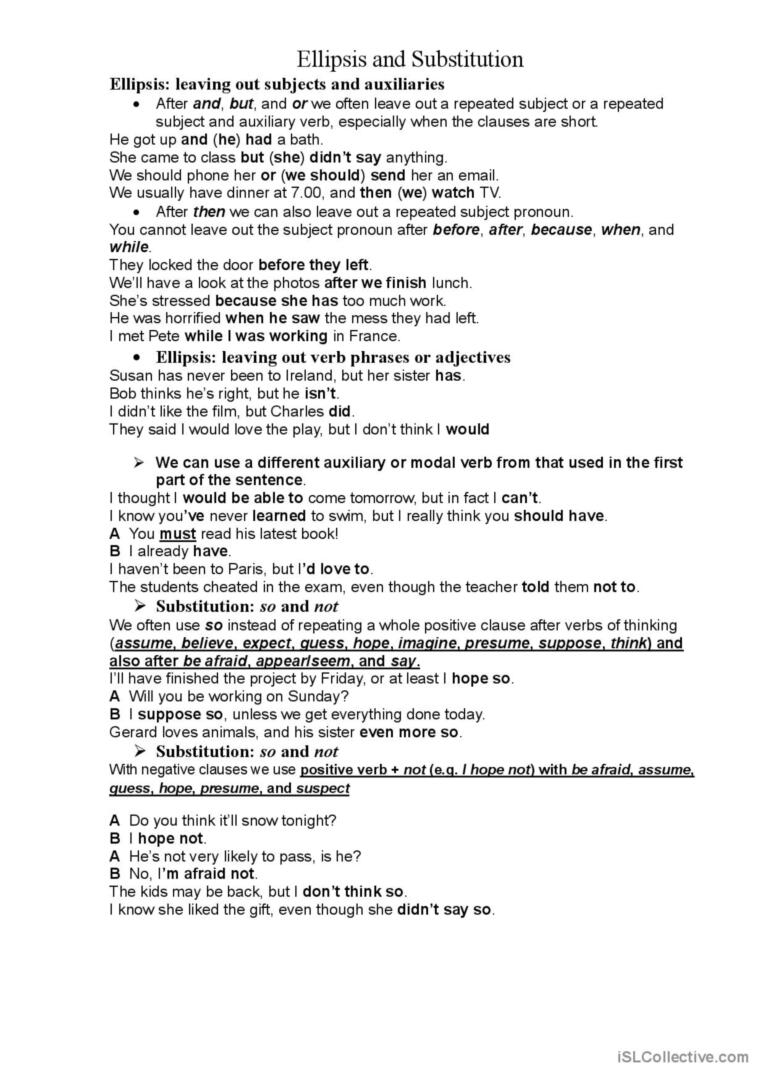Ellipsis And Substitution English ESL Worksheets Pdf Doc