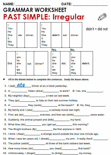 English Exercises Past Simple Tense Irregular Verbs Answer Key