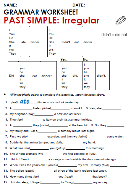 English Exercises Past Simple Tense Irregular Verbs Answer Key 