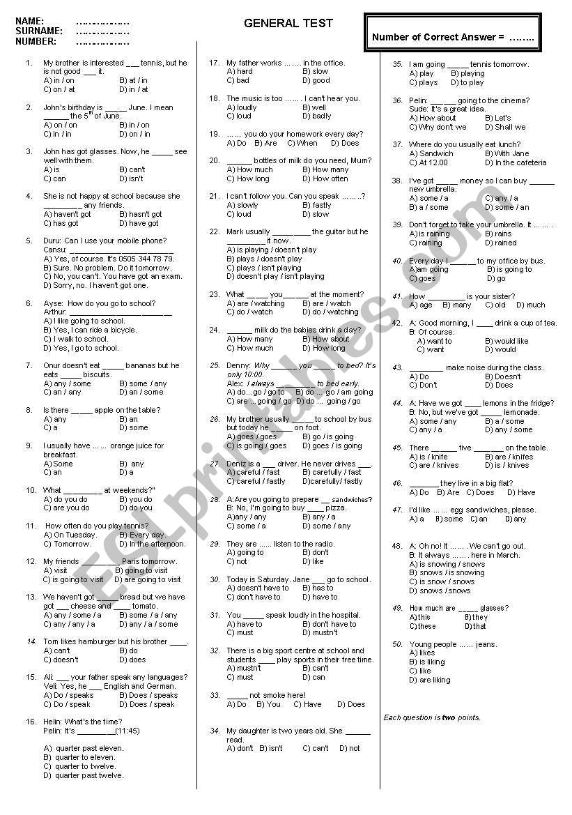 english grammar test 50 questions