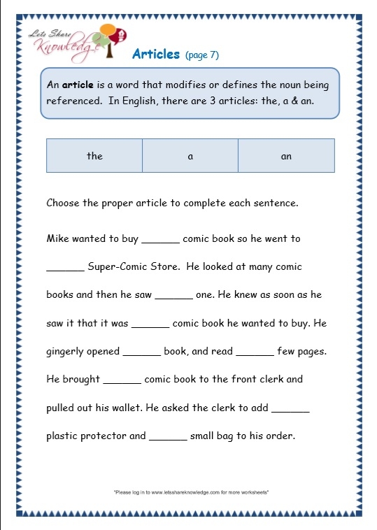free grammar worksheets for articles
