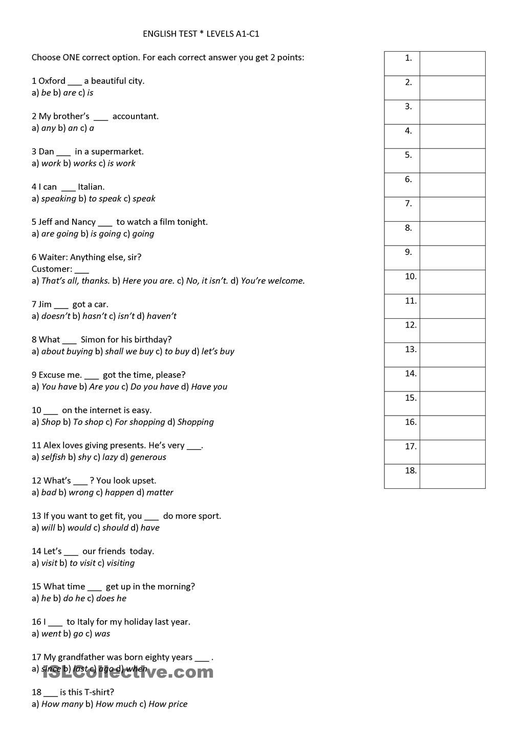 English Placement Test A1 C1 Tests English Exam English Grammar 