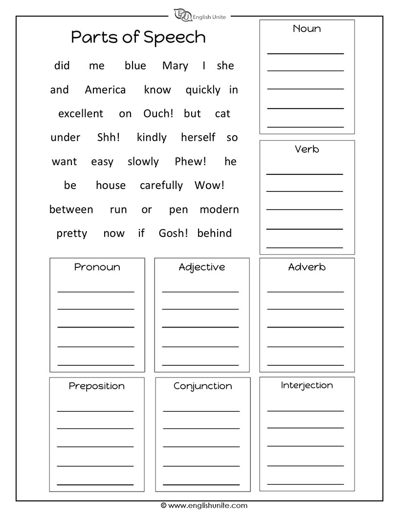 English Unite Parts Of Speech Worksheet Worksheets Library