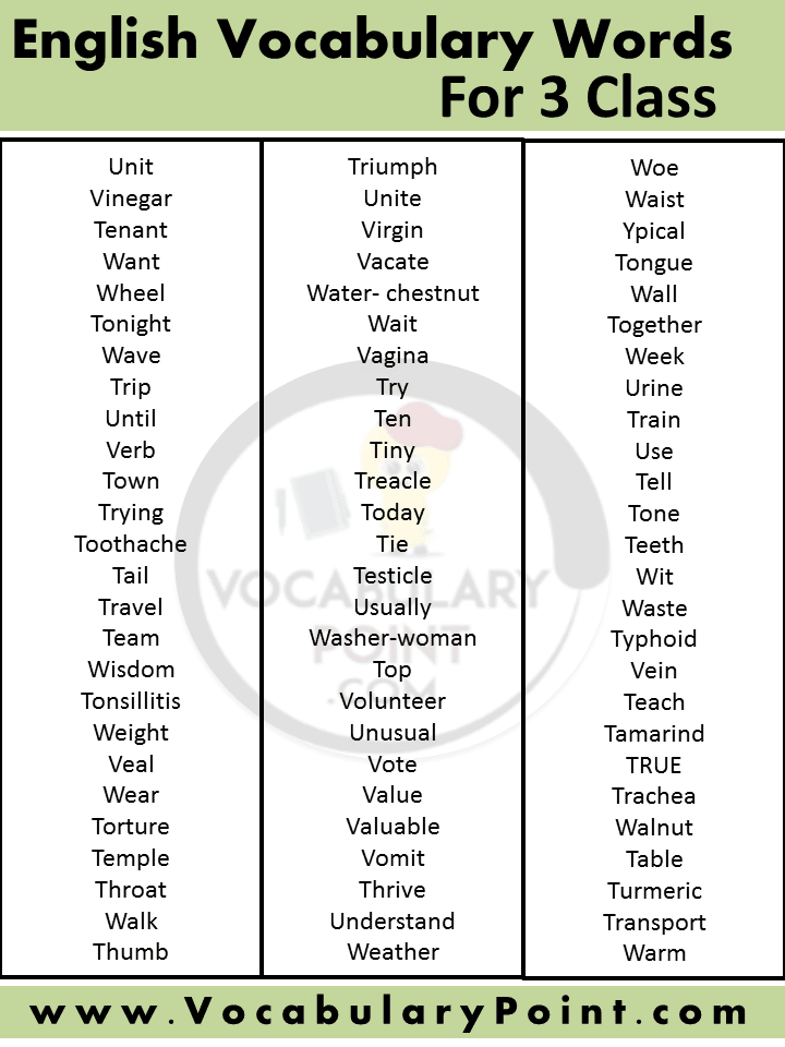 English Words For 3rd Class with Meaning Vocabulary Point