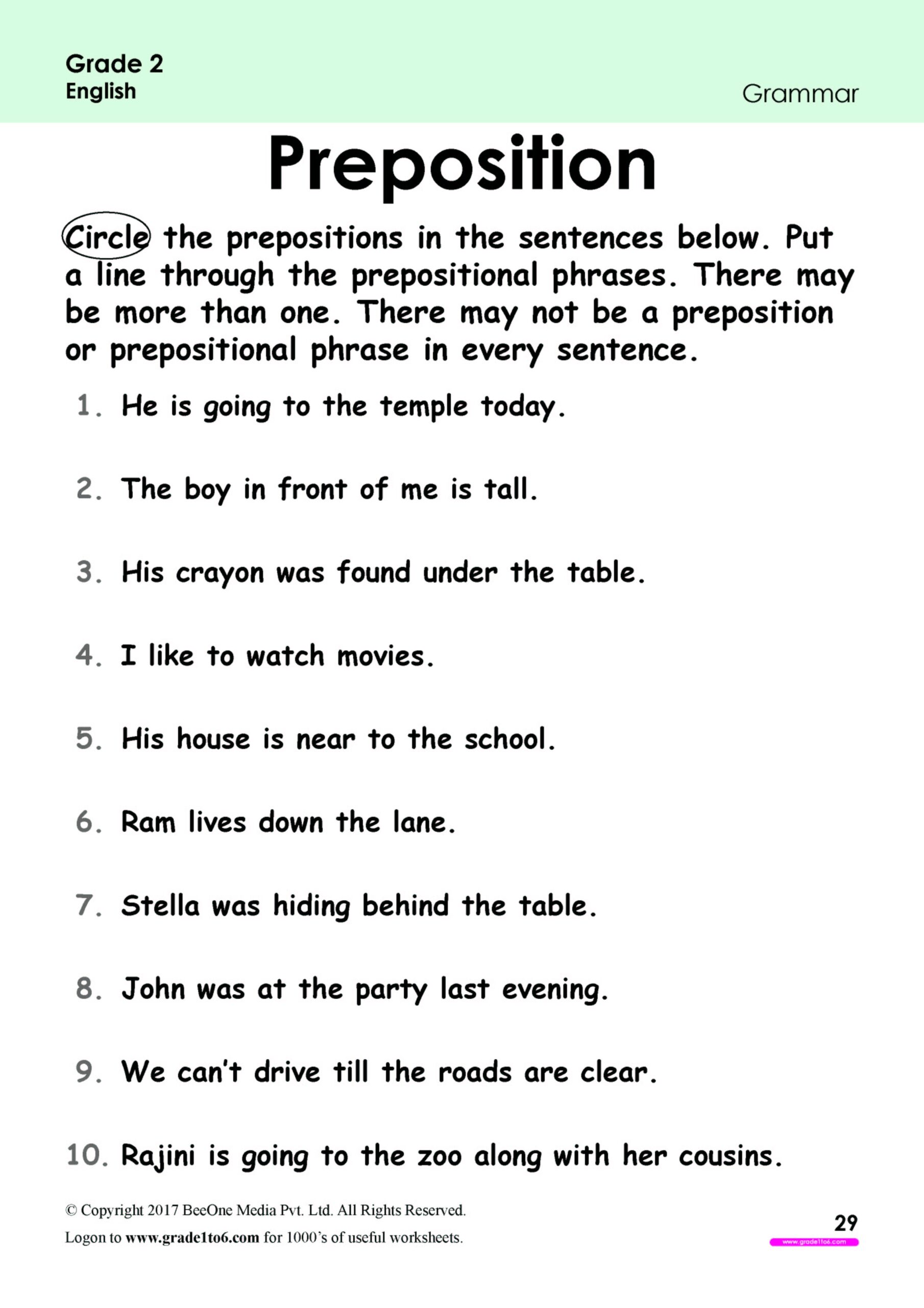 English Worksheets On Prepositions For Grade 6 Preschool 