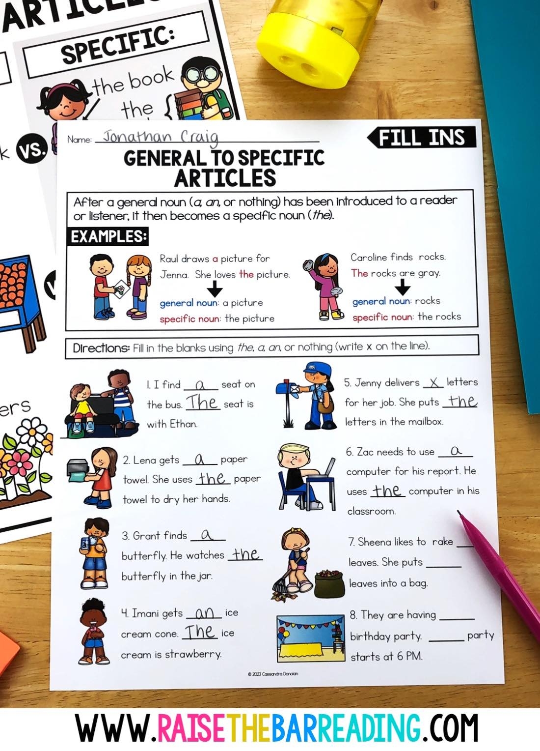 ESL Grammar Worksheets Articles Examples Raise The Bar Reading