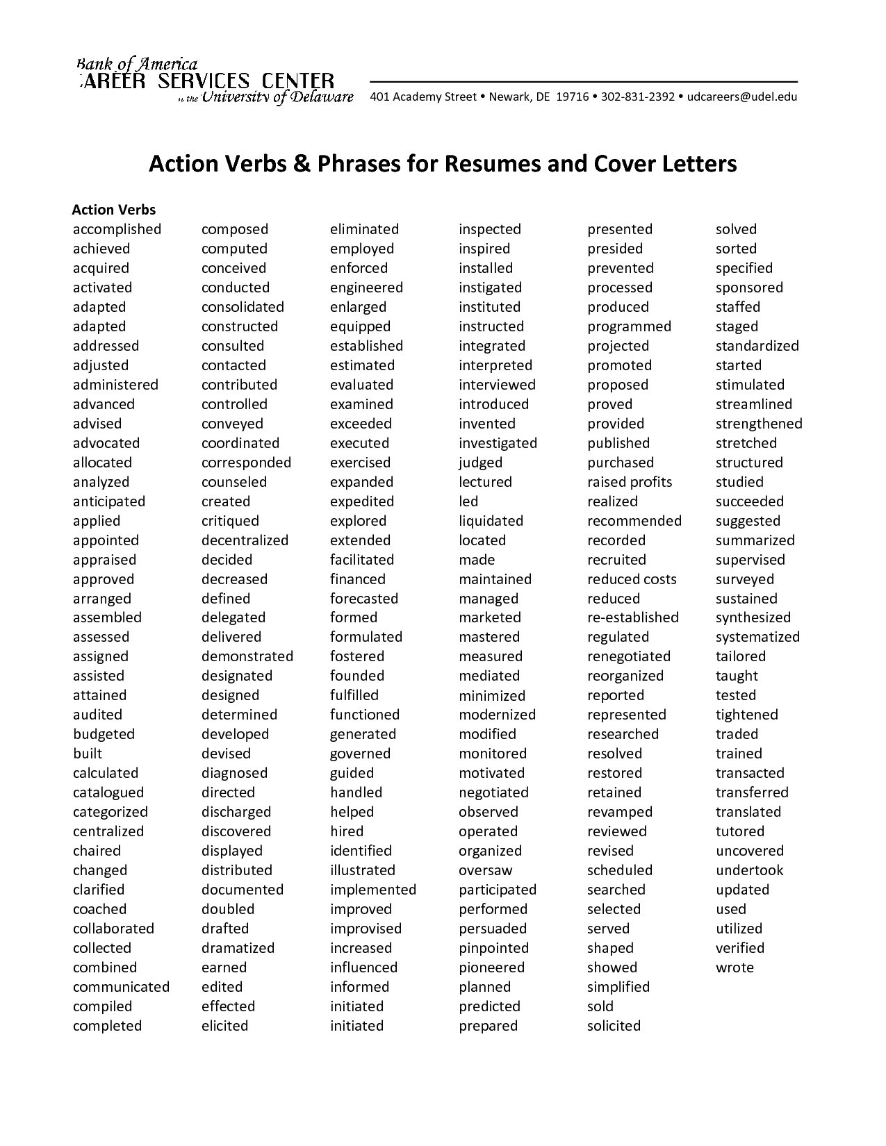 Examples Of Action Verbs For Resumes
