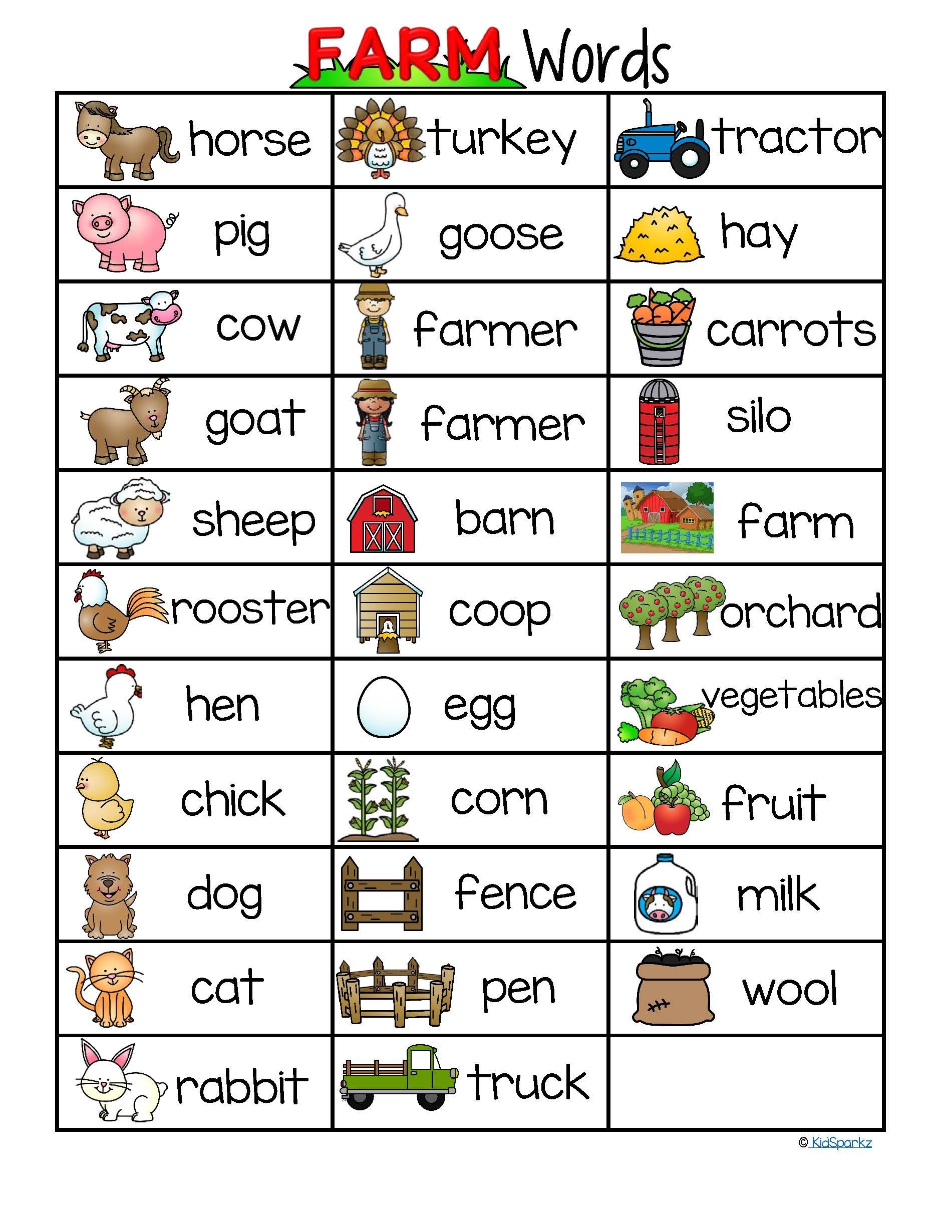 FARMS Vocabulary List 32 Words And Pictures FREE Farm Vocabulary 