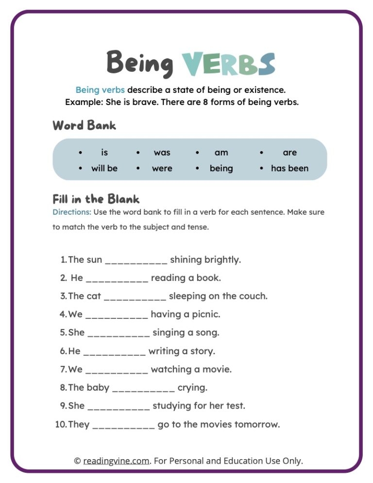 Fill In The Blanks With Being Verbs image ReadingVine