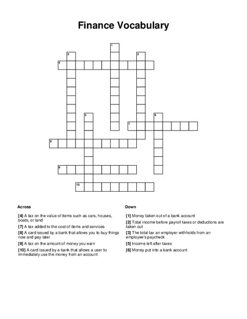 Finance Vocabulary Crossword Puzzle