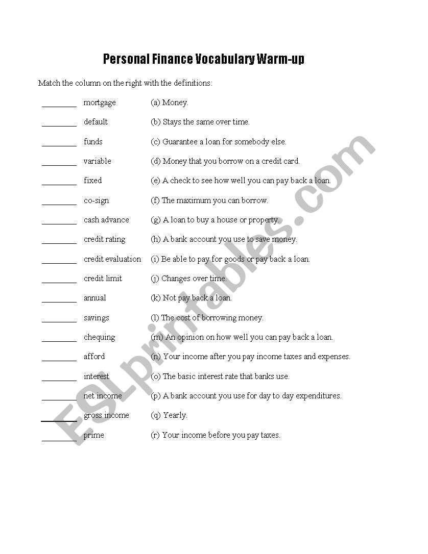 Finance Vocabulary ESL Worksheet By Someonewyjat