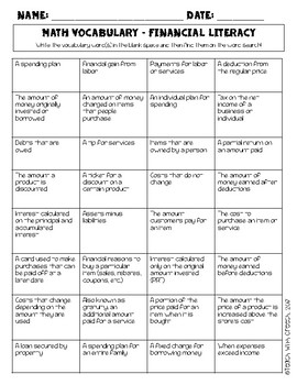 Financial Literacy Vocabulary Word Search By Gina Creech TpT