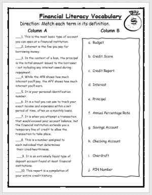 Financial Literacy Vocabulary Worksheet EnglishBix Financial