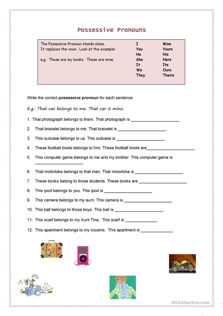 First Grade Posessive Pronoun Worksheet