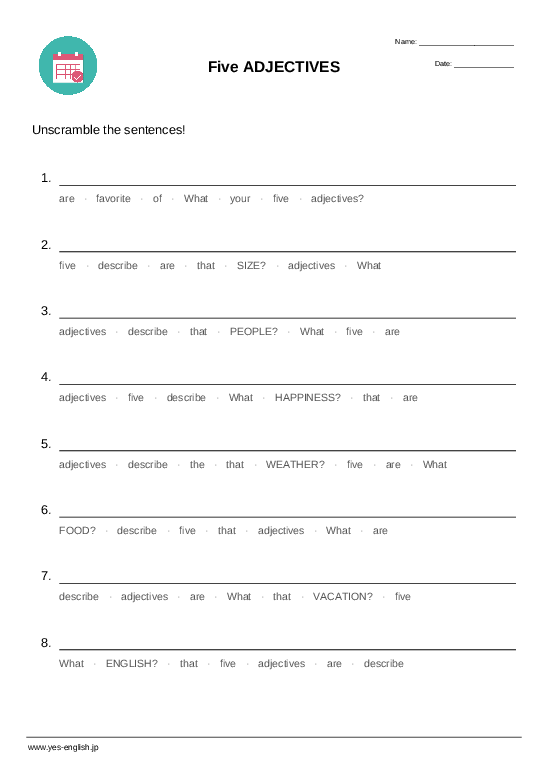 Five ADJECTIVES Sentence Scramble Worksheet Quickworksheets