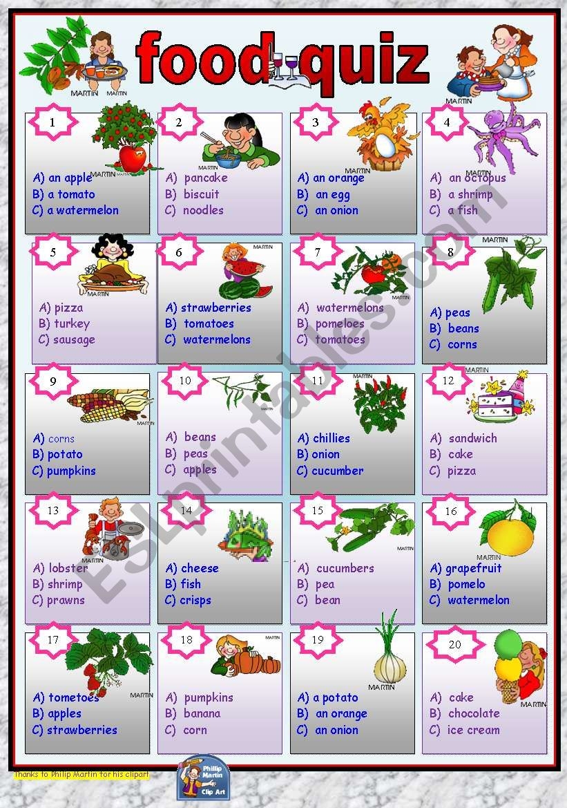 Food Quiz multiple Choice With Key ESL Worksheet By Phen