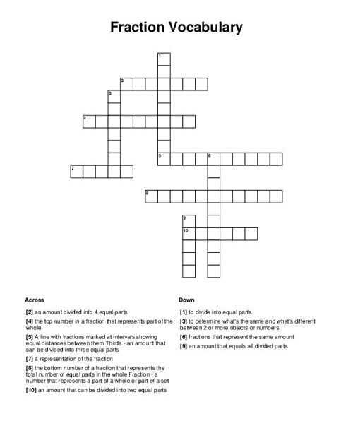 Fraction Vocabulary Crossword Puzzle