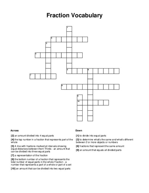 Fraction Vocabulary Crossword Puzzle