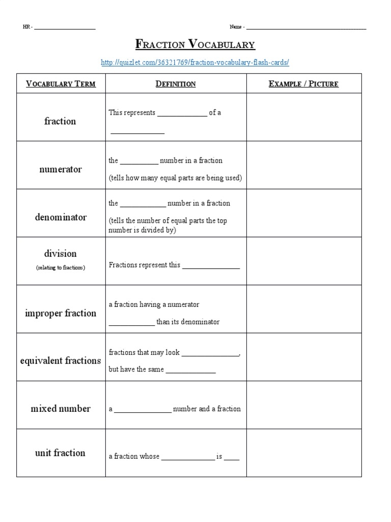 Fractions Vocab Worksheet WordMint Worksheets Library