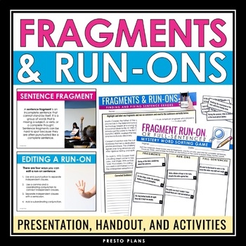 FRAGMENTS AND RUN ON SENTENCES By Presto Plans TpT