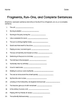 Fragments Run Ons And Complete Sentences Worksheet By Melissa Ramirez