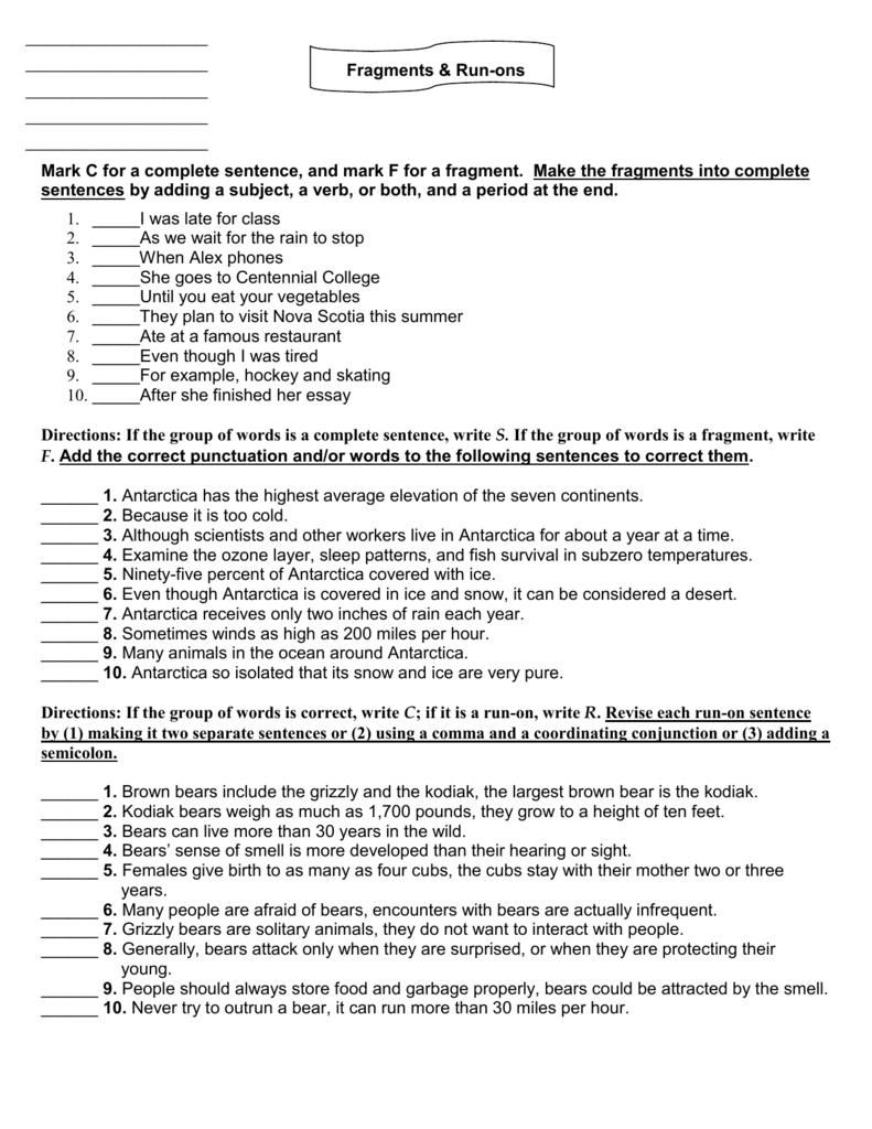 fragments and run ons worksheet