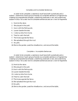 Fragments Vs Complete Sentences By Puddlewonderful TPT