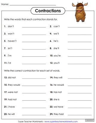 Free Contraction Worksheets Games4esl Worksheets Library