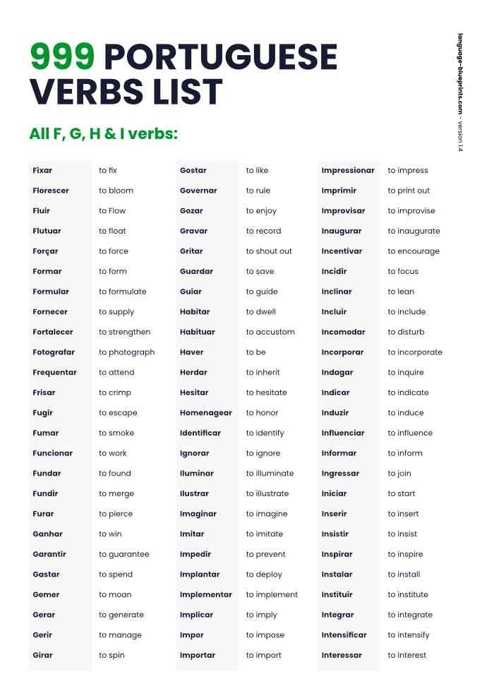Free Download 999 Portuguese Verb List Search Filter Learn