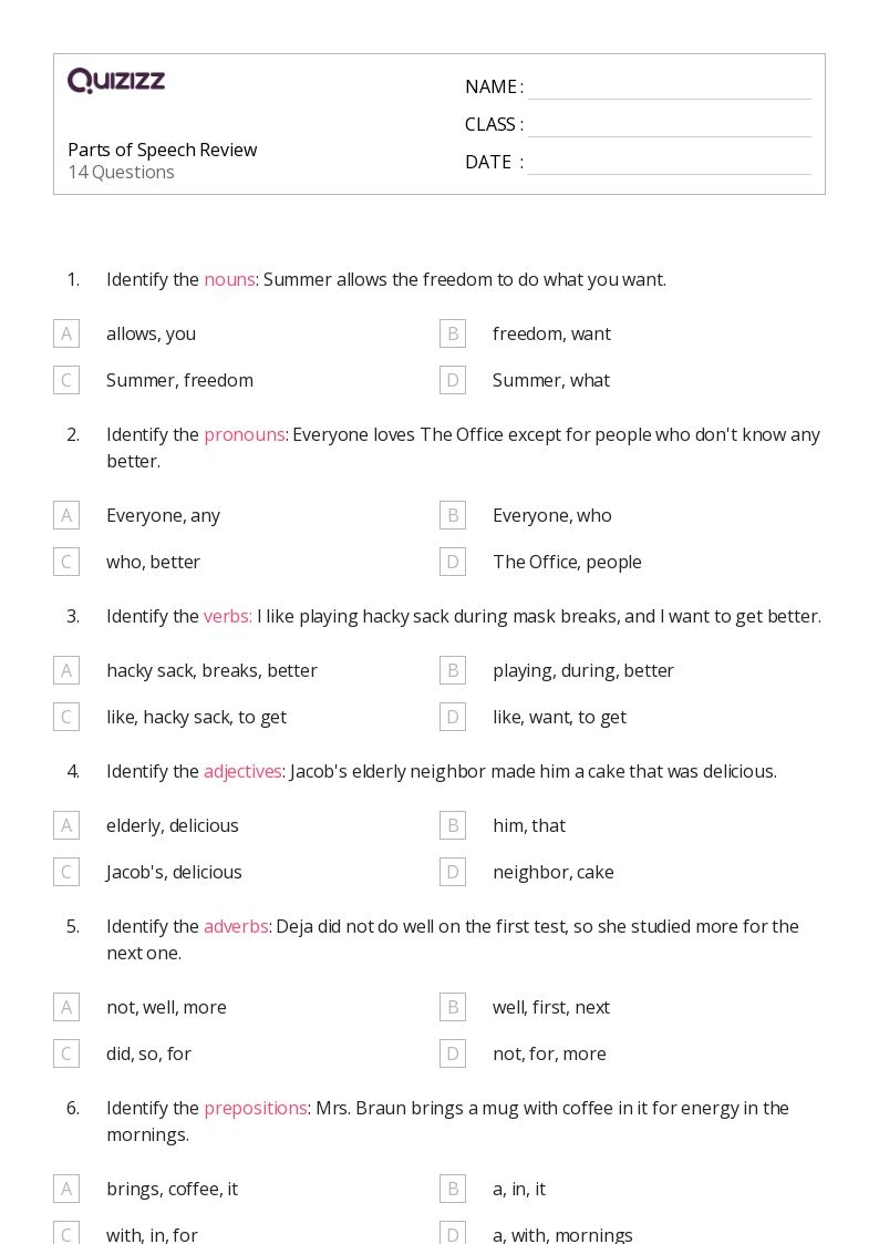 eight parts of speech worksheet