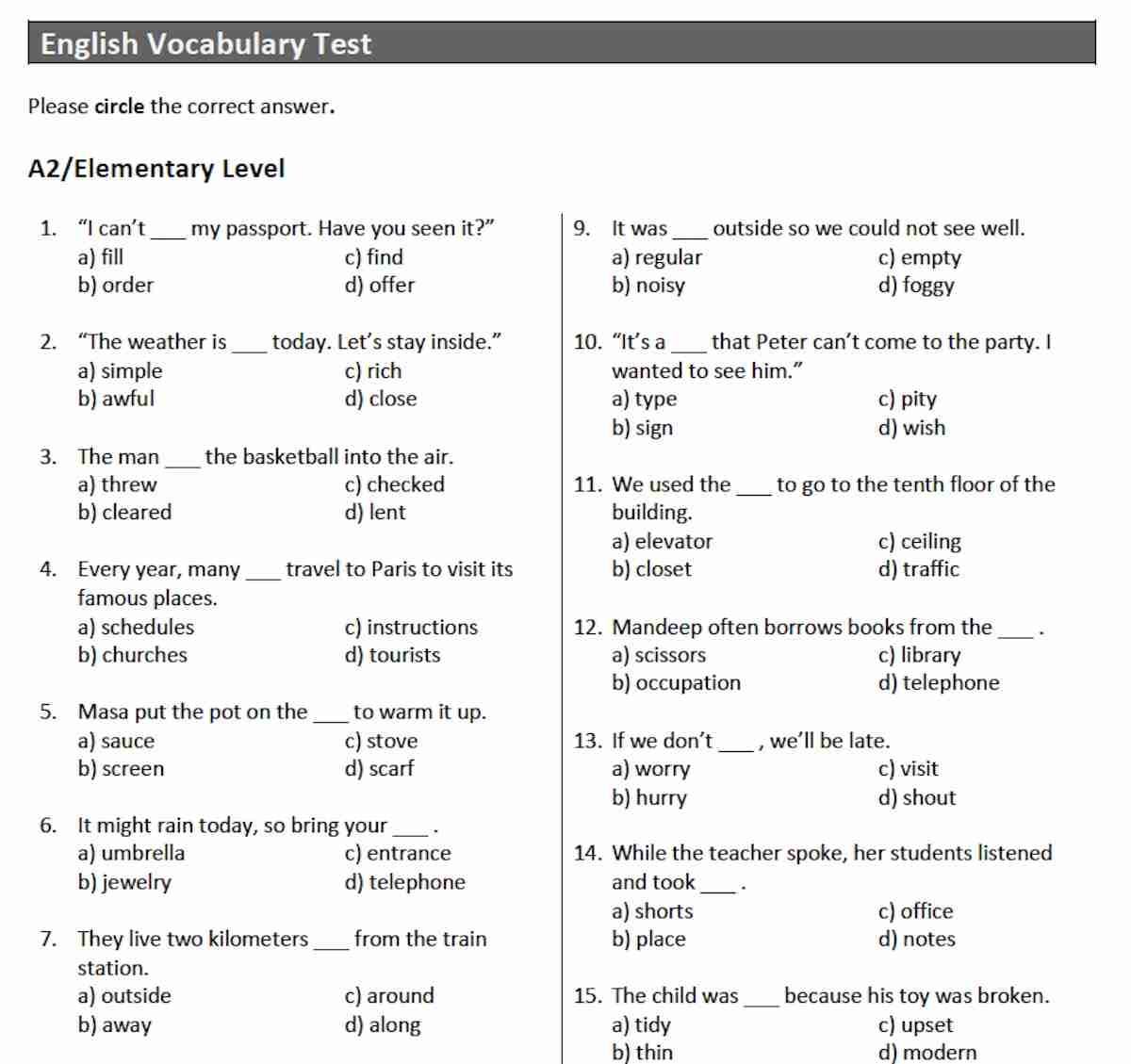 english vocabulary words test english vocabulary words test