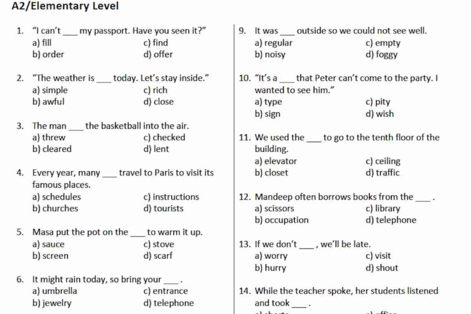 Free English Vocabulary Test PDF English Current