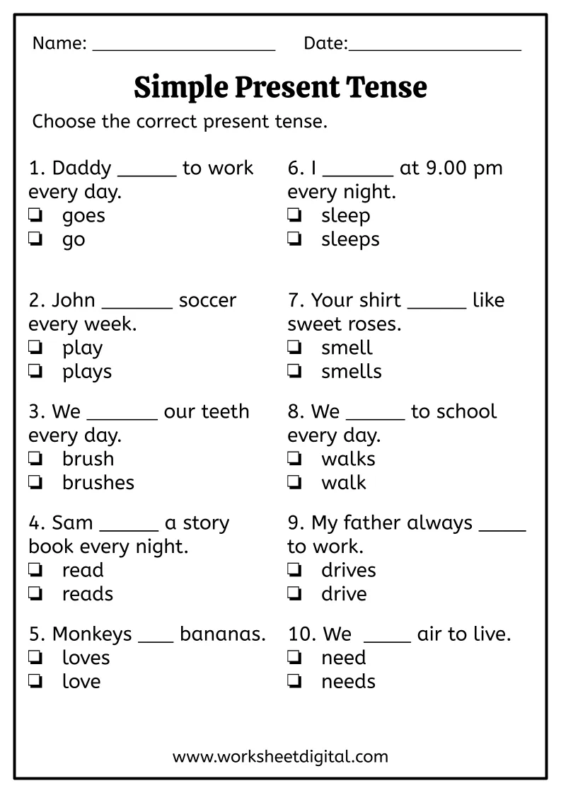 Free Present Tense Verb Worksheet 1st Grade 42 OFF