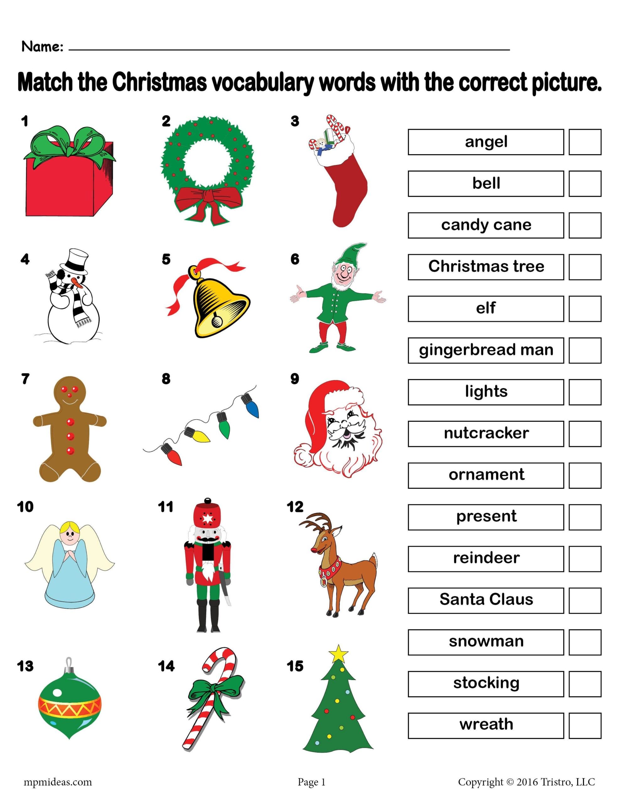 FREE Printable Christmas Vocabulary Matching Worksheet Christmas 
