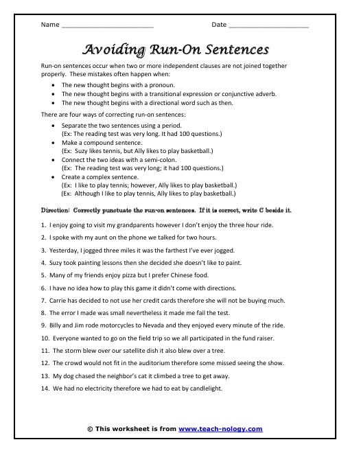 Free Printable Run On Sentences Worksheets AlphabetWorksheetsFree