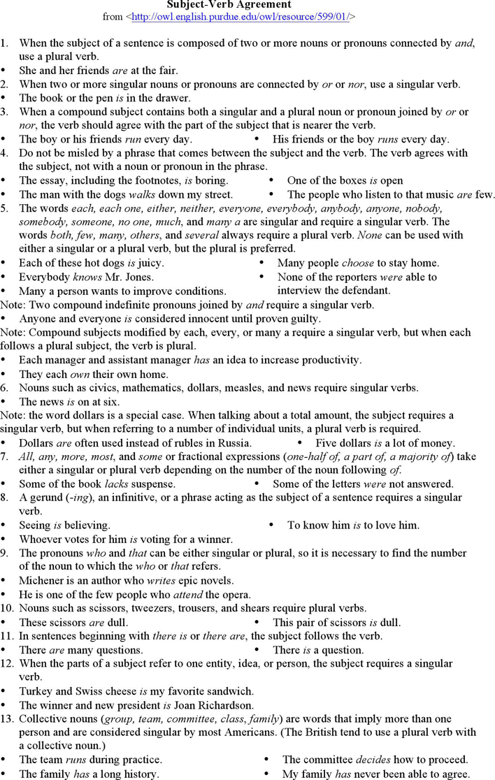 Free Subject Verb Agreement Exercises Doc 53KB 2 Page s 
