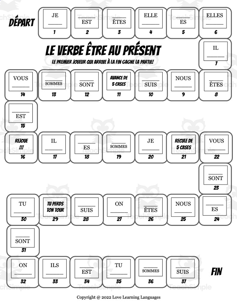 French Etre Conjugation Board Game Present Tense By Teach Simple