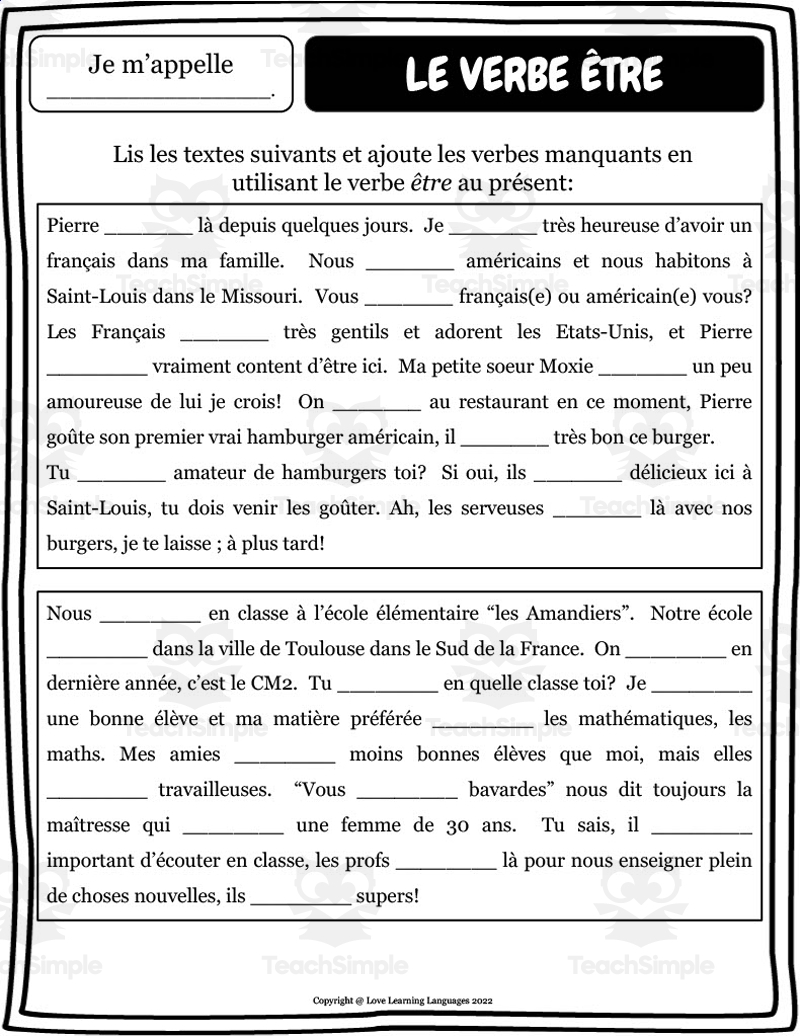 French ETRE Verb Worksheet Set By Teach Simple