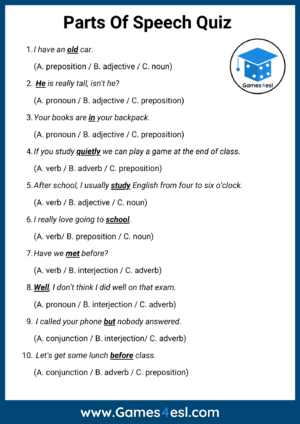 Fun Parts Of Speech Quiz With Free PDF Games4esl