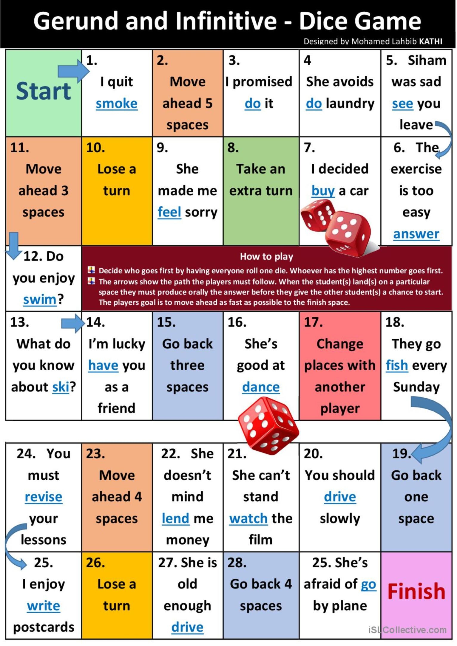 Gerund And Infinitive Dice Game Gene English ESL Worksheets Pdf Doc