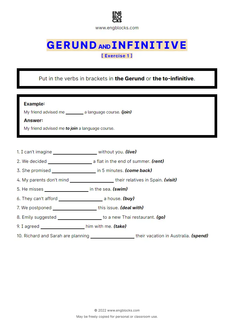 Gerund And Infinitive Exercise 1 ESL Worksheets