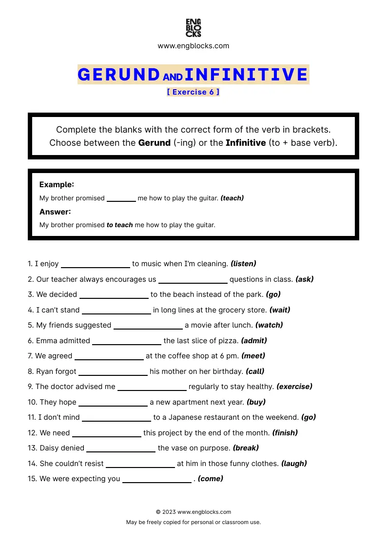 Gerund And Infinitive Exercise 6 ESL Worksheets