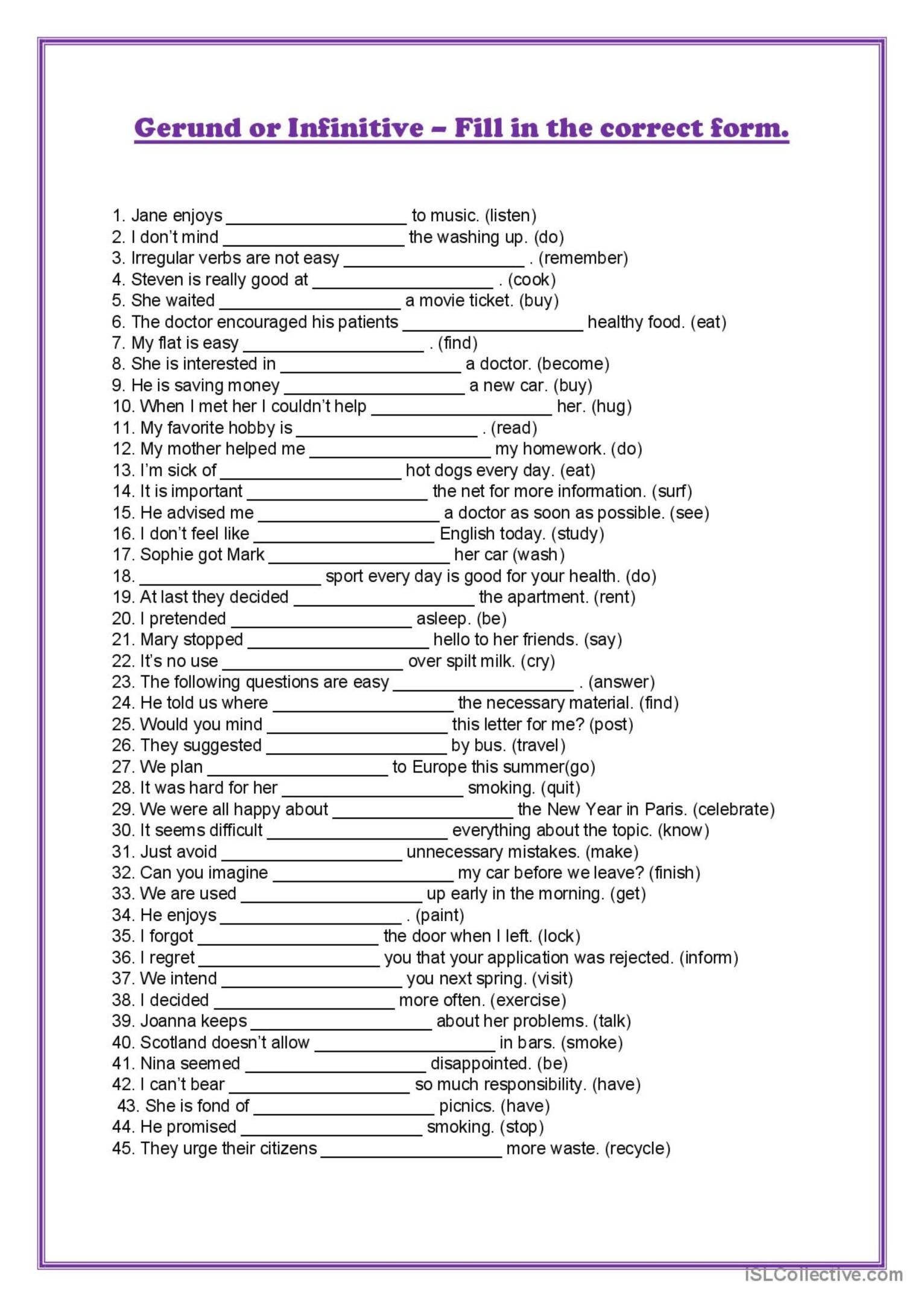 Gerund And Infinitive Exercises