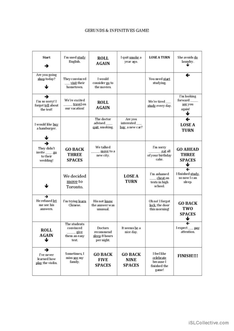 Gerund And Infinitive Game English ESL Worksheets Pdf Doc