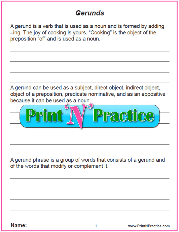 Gerund And Infinitive With Participle Worksheets