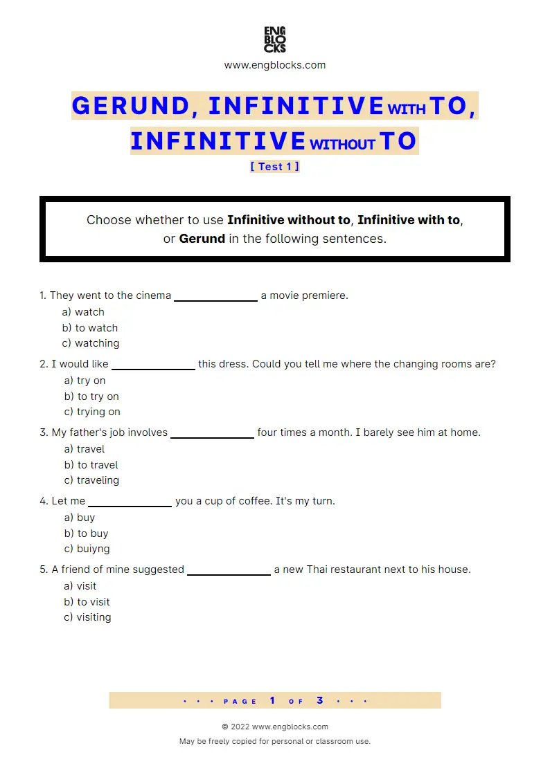 Gerund Infinitive With To Or Infinitive Without To Quiz ESL Worksheets