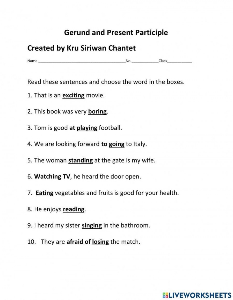 Gerund Participle Infinitive Worksheets Printable PDF Template