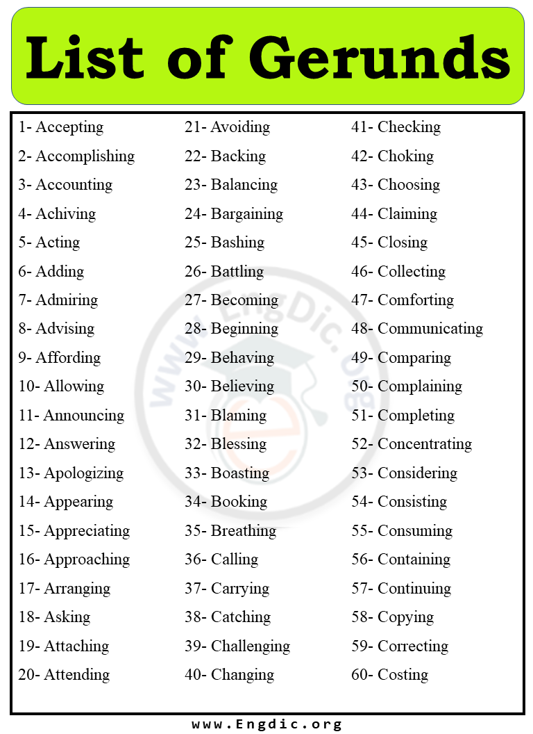 Gerund Types Of Gerunds Examples Of Verbs Followed By Gerund EngDic
